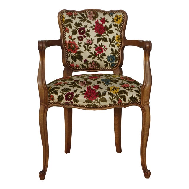 Louis XV Convertible Armchair with Brocade Fabric, 1950s For Sale