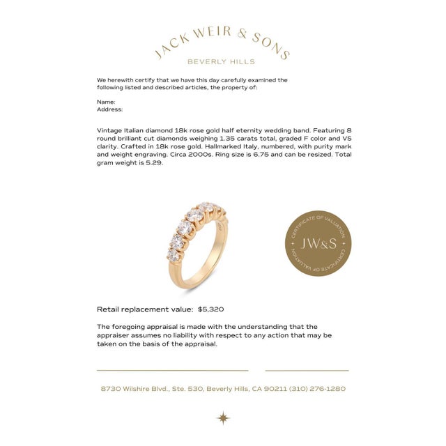 Metal Vintage Italian Diamond 18k Rose Gold Half Eternity Wedding Band, Size 6.75 For Sale - Image 7 of 7