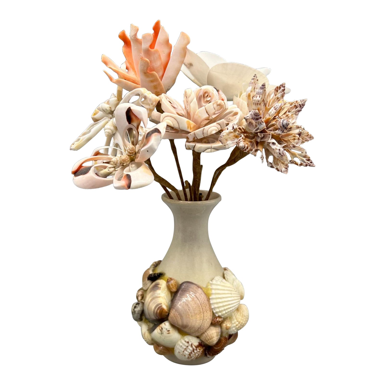 Vintage Seashell Flower Arrangement in Shell Encrusted Vase | Chairish