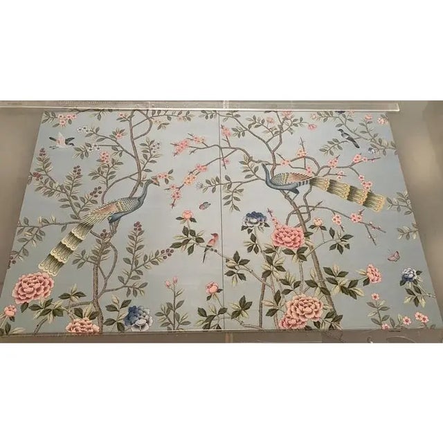 Chinoiserie Chinoiserie Peacock Wallpaper Unframed Hand Painted Floral Mural - 2 Panels For Sale - Image 3 of 5