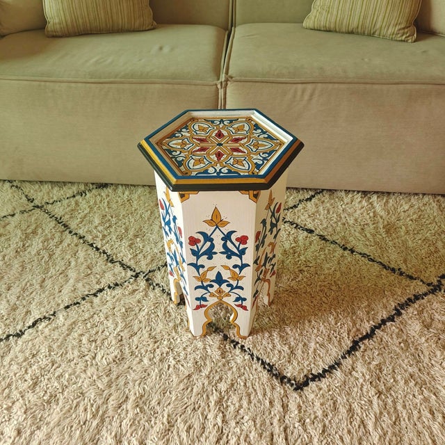 Moroccan Hand Painted Wooden Side Table For Sale - Image 4 of 4