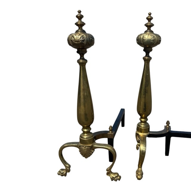 Brass Antique 1920s Brass Fireplace Andirons Pair Refurbished Colonial Hearth Decor For Sale - Image 8 of 18