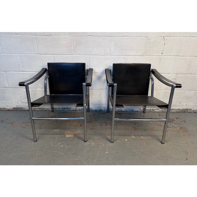 Contemporary Vintage Le Corbusier Leather "Lc1 Basculant" Sling Chairs for Cassina For Sale - Image 3 of 17