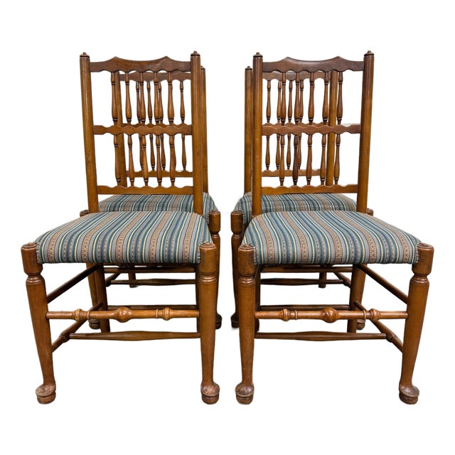 Vintage Colonial Style Spindle Back Upholstered Dining Chairs - Set of 4 For Sale