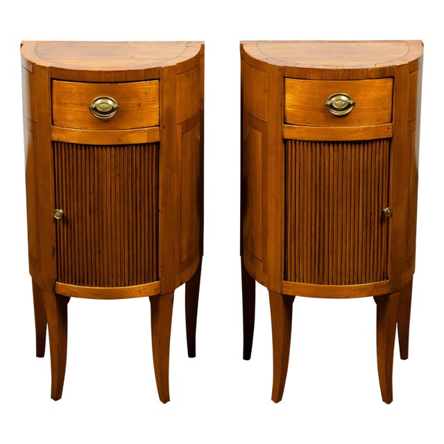 Pair of Italian 1800s Walnut Demilune Bedside Tables with Tambour Doors For Sale
