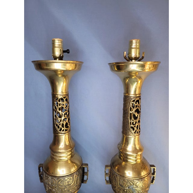 1950s Hollywood Regency James Mont Attributed Asian Brass Table Lamps - a Pair For Sale In Naples, FL - Image 6 of 13