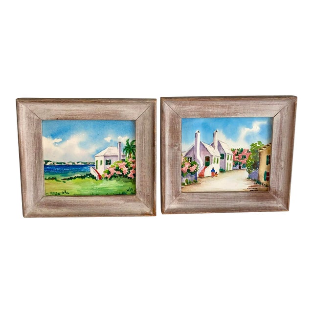 Small Vintage Watercolors of Bermuda Signed F Richardson - a Pair, Framed For Sale