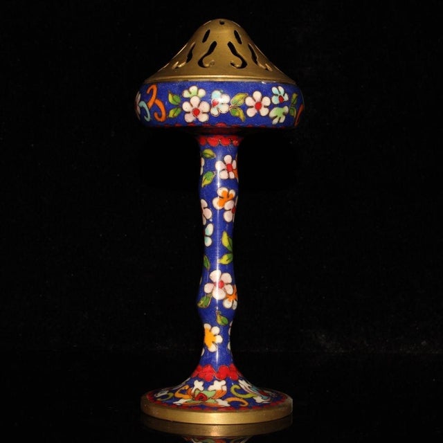 This is a finely crafted antique cloisonné enamel censer (incense burner), featuring a stemmed, pedestal form. The body is...