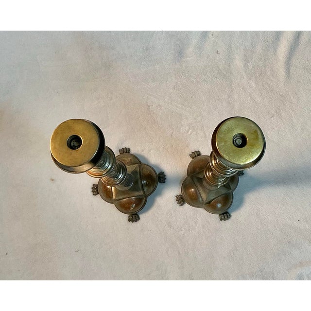 Art Deco Pair Antique Decorated 29" Tall Solid Brass Floor Candle Stands Candlesticks Candle Holders, Circa 18th-19th Century For Sale - Image 3 of 12