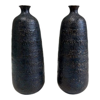 Japanese Craftsman Bronze Vases Black Volcanic Patinated Enamel, Japan 1930 For Sale
