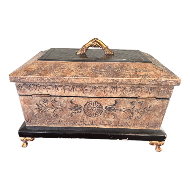 Vintage Maitland-Smith Carved Decorative Box With Gilt Clasped Hands & Feet For Sale
