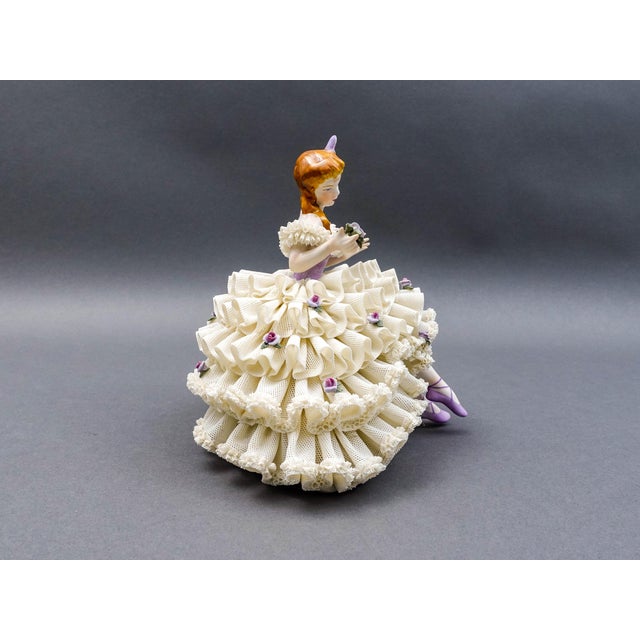 Classical Roman Early 19th Century Dresden Germany Large Ballerina Holding Flower Porcelain Lace Figurine (Read) For Sale - Image 3 of 11
