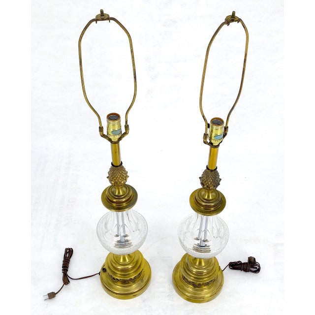 Pair of Cut Crystal & Brass Vase Shape Table Lamps c1970s