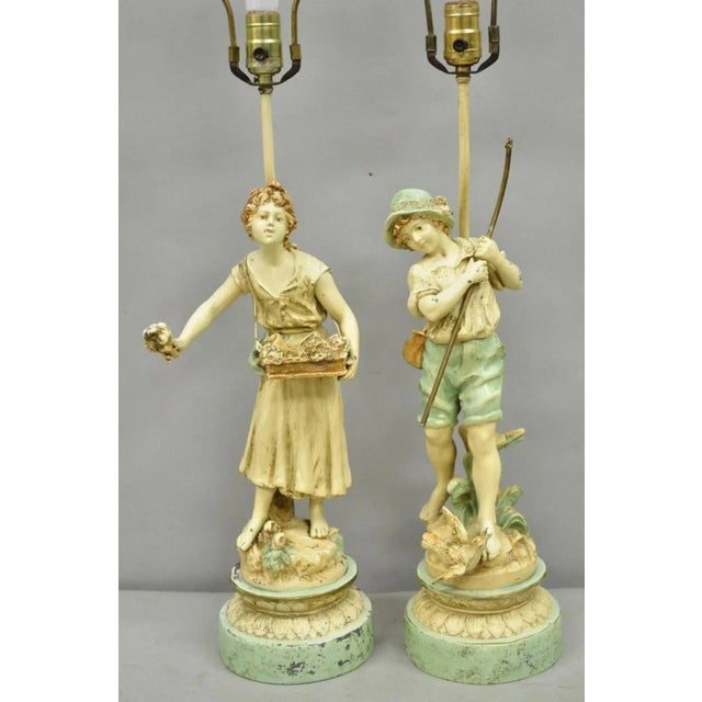 Renaissance Vintage French Renaissance Moreau Metal Boy and Girl Figural Table Lamp - A Pair For Sale - Image 3 of 12