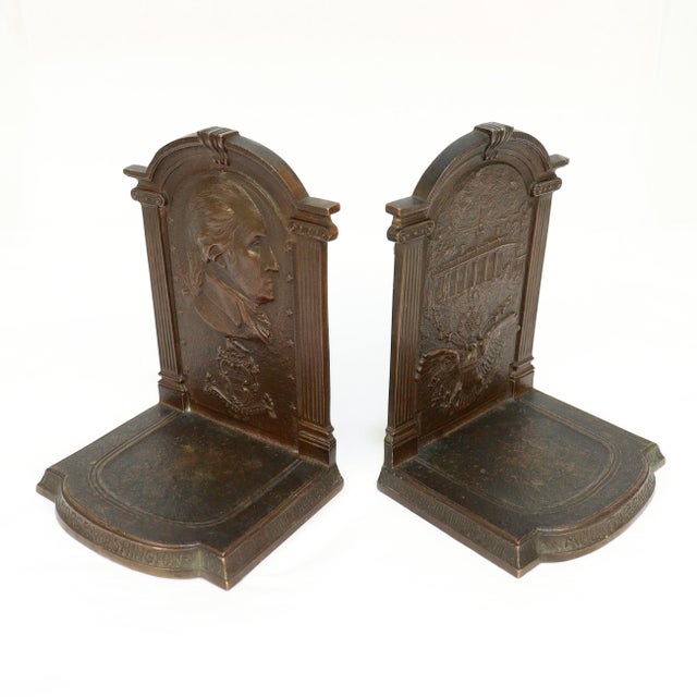 Bronze Vintage Bronze George Washington & Mount Vernon Bookends by f.r. Woodward For Sale - Image 8 of 9