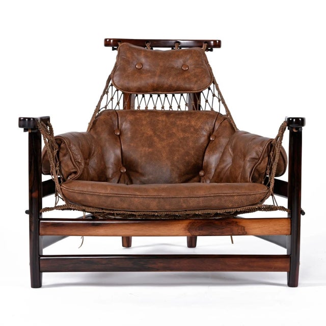Wood 1960s Restored Brazilian Jangada Rosewood & Leather Sling Chair With Ottoman by Jean Gillon For Sale - Image 7 of 16