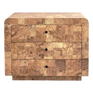 Postmodern Three-Drawer Waterfall Dresser With Faux Burlwood Laminate Veneer For Sale