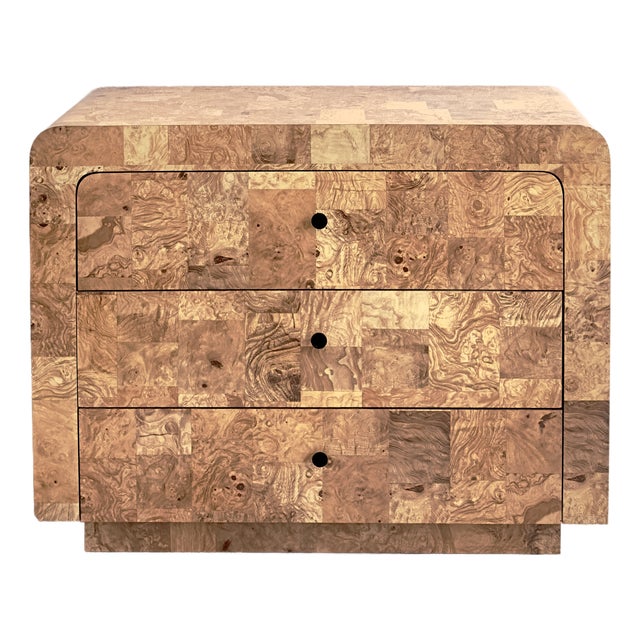 Postmodern Three-Drawer Waterfall Dresser With Faux Burlwood Laminate Veneer For Sale