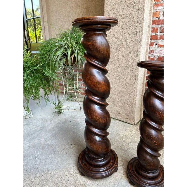 Pair Set of 2 Antique French Pedestal Stand Barley Twist Oak Large Plant Columns For Sale In Dallas - Image 6 of 18