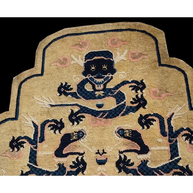 1890s Antique Beige Dragon Ningxia Chinese Hand Knotted Pile Square Small Rug For Sale In New York - Image 6 of 7