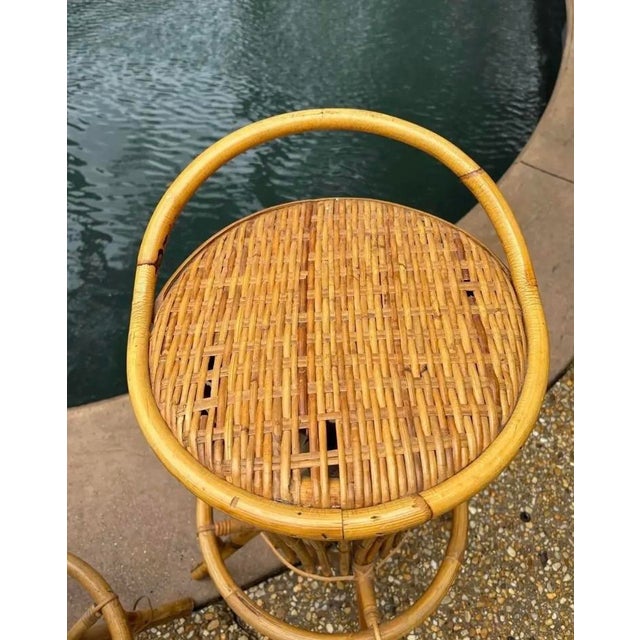 Mid 20th Century Mid 20th Century Italian Bamboo Rattan Tiki Style Barstools, a Pair, Attributed to Tito Angoli For Sale - Image 5 of 7