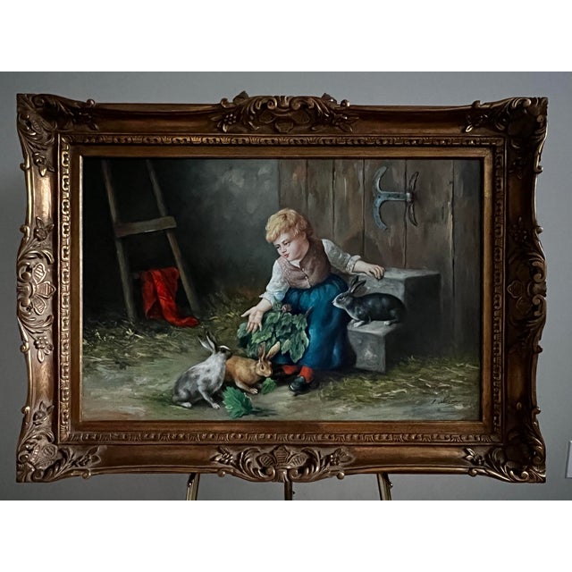 Large Late 20th Century Framed Painting of Child Feeding Rabbits in the Style of Düsseldorf School Artist Felix Schlesinger For Sale - Image 11 of 12