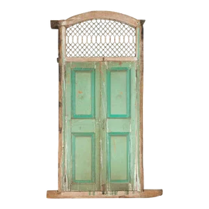 1900s Indian Wood & Grate Window with Green Paint & Distressed Patina