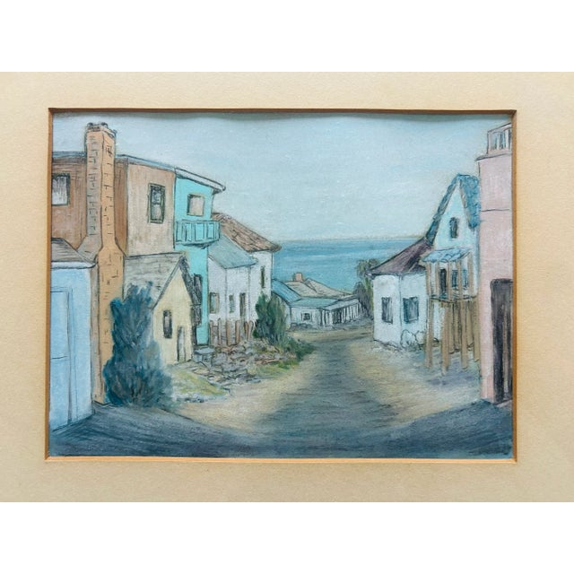 1950s Vintage 1954 “Alley Charm” Original Oil Pastel by Flo | Laguna Beach California Coastal Painting | Mid-Century Ocean View Artwork For Sale - Image 5 of 8