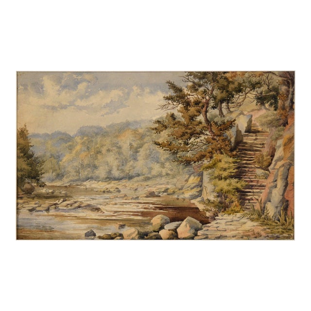 Stone Steps by the River - Late 1800s Watercolor on Paper by Lucy Cooper For Sale