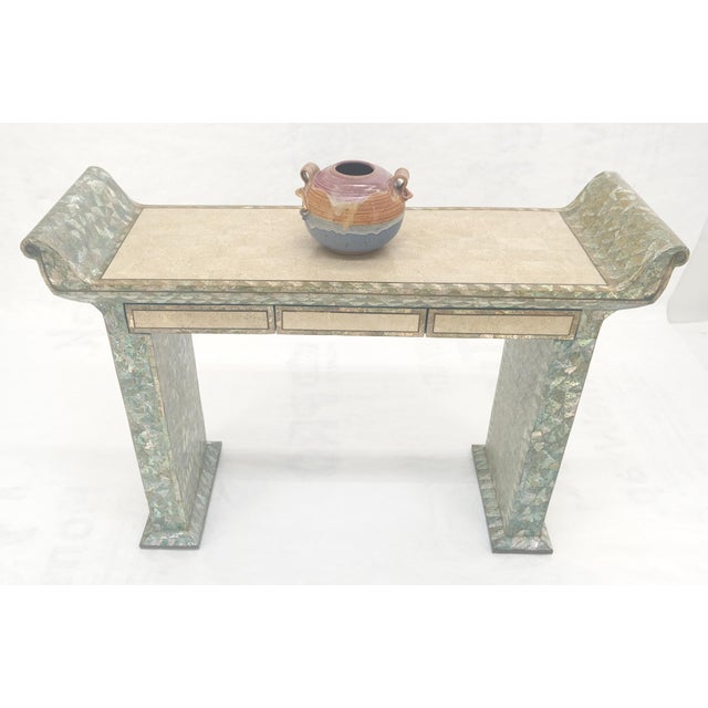 Fine Tessellated Stone Tile Mother of Pearl Rolled Edges 3 Drawers Console Table For Sale - Image 13 of 16