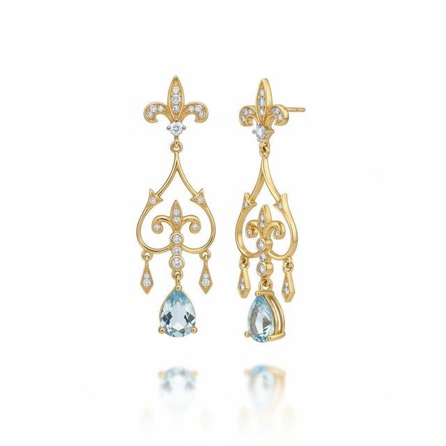 Silver, Gold Fleur de Lis Earrings with blue topaz and colorless topazes. Vintage Inspired Statement Earrings. Weight: 4.5...