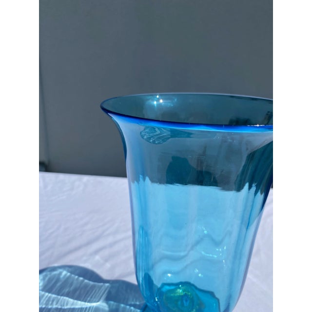 Glass Vintage Mid 20th Century Aqua Glass Footed Vase For Sale - Image 7 of 8
