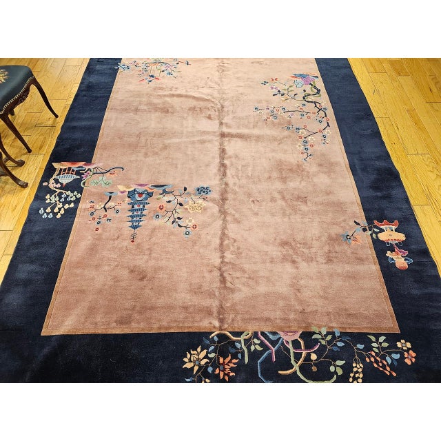 Textile Vintage Hand-Knotted Chinese Art Deco Rug, Wool Pagoda Floral Motif, 9' x 12' For Sale - Image 7 of 17