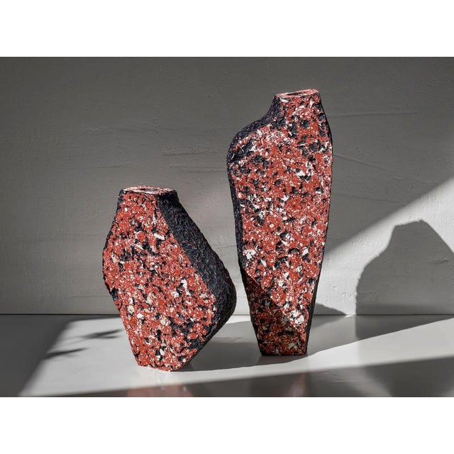 Set of 2 fragment red vases by donatas zukauskas. Dimensions: tall: d 7 x w 22 x h 56 cm. Short: d 7 x w 29 x h 37 cm....