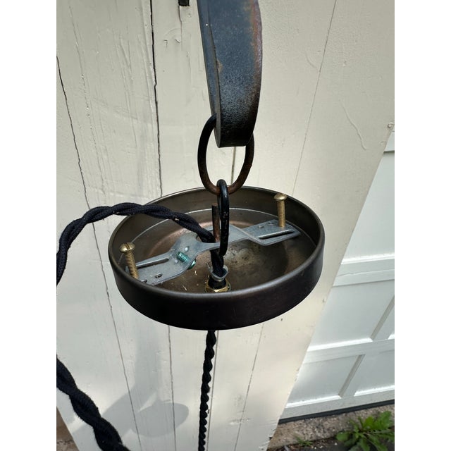 Off-white Antique Brass Hanging Fixture With Vintage Glass Shade For Sale - Image 8 of 9