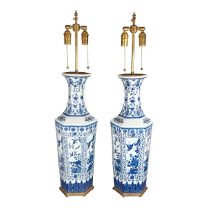 Set of 2 Vintage Chinese Blue & White Porcelain Qing Dynasty Style Hexagonal Vase Table Lamps