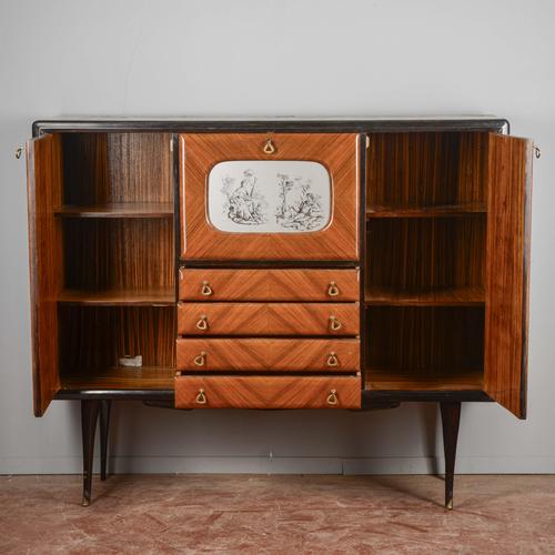Herringbone Veneered Sideboard with Bar Drop-Down Door For Sale - Image 5 of 9