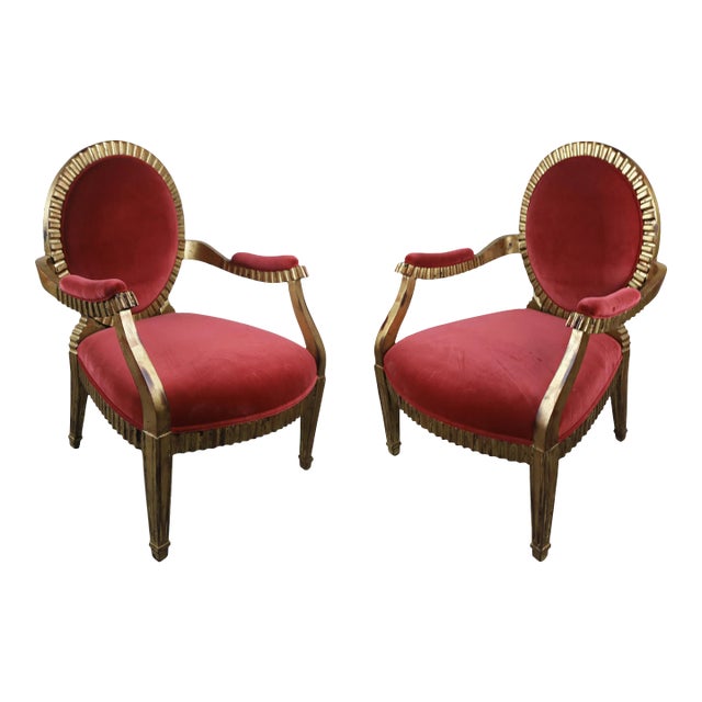 Pair of Vintage French Louis XVI Style Giltwood Carved Armchairs For Sale