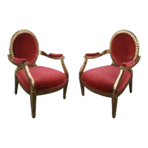 Pair of Vintage French Louis XVI Style Giltwood Carved Armchairs