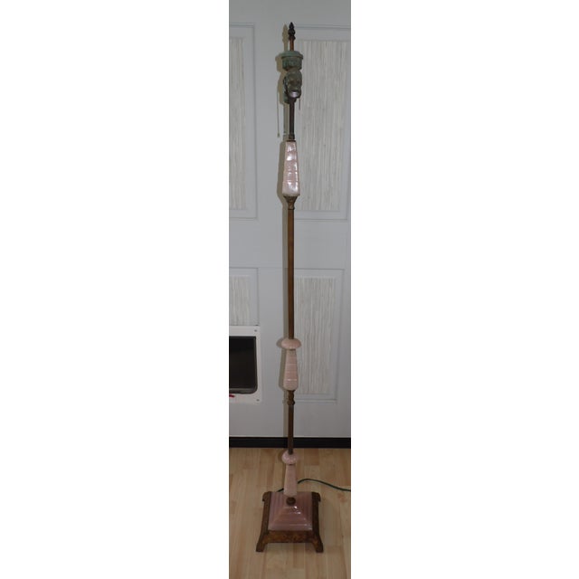 Vintage 1920's Art Deco Pink Agate Glass Floor Lamp has 2 light sockets and sculptural form Dimensions: 8.5" wide x 60.5"...