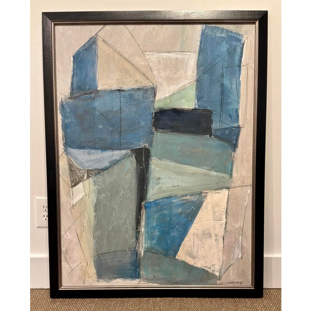 Abstract Mod-Century Modern Abstract Blue and Cream Painting For Sale - Image 3 of 6