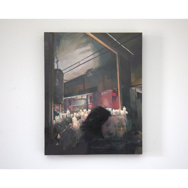 This oil on panel artwork depicts a reflective scene, where a large mirror captures the interplay of light and shadow...