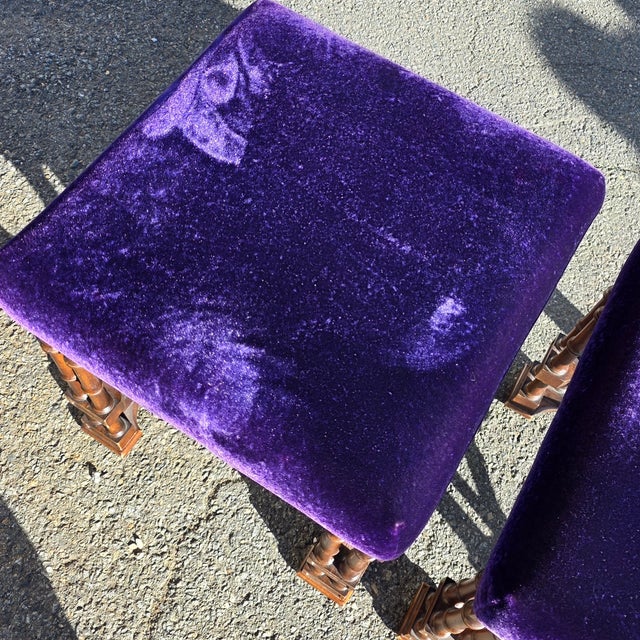 Pair of English Aesthetic Movement Walnut X-Frame Stools With Turned Legs and Purple Velvet Upholstery, Late 19th Century For Sale - Image 4 of 7