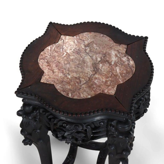 Chinese Antique Chinese Carved Rosewood Rouge Marble Top Claw & Ball Foot Stand C1910 For Sale - Image 3 of 8