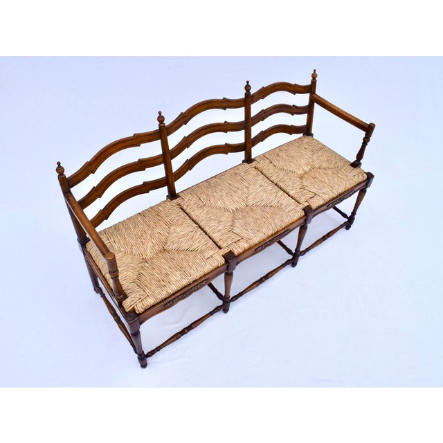 Chestnut Vintage French Provincial Style Ladder Back Bench Rush Seat For Sale - Image 8 of 16