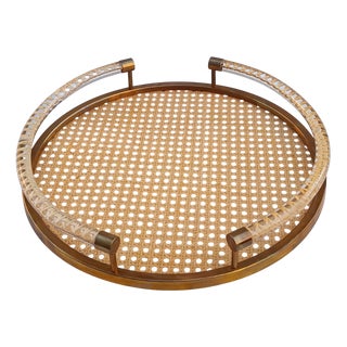 Round Tray in Methacrylate and Vienna Straw with Suspended Semicirical Handles, 1970s For Sale