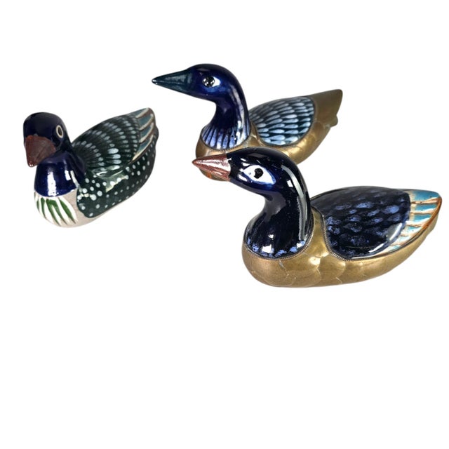 Folk Art Tonala Brass Duck Figurines Talavera Mexican Folk Art Set of 3 For Sale - Image 3 of 11