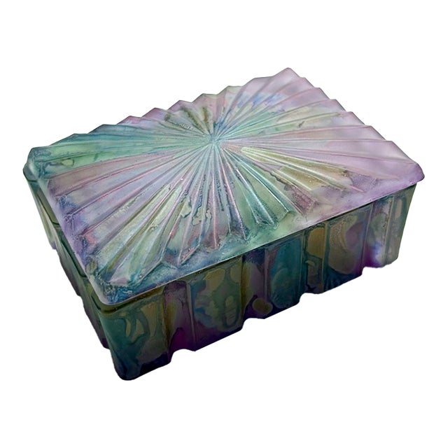 Iridescent Rainbow Glass Lidded Box, 1970's For Sale