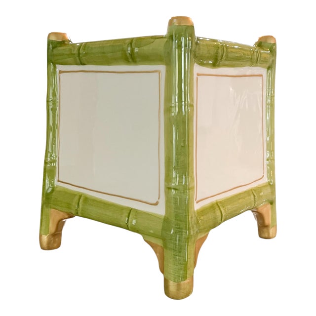 Bamboo Motif Portuguese Ceramic Cachepot For Sale