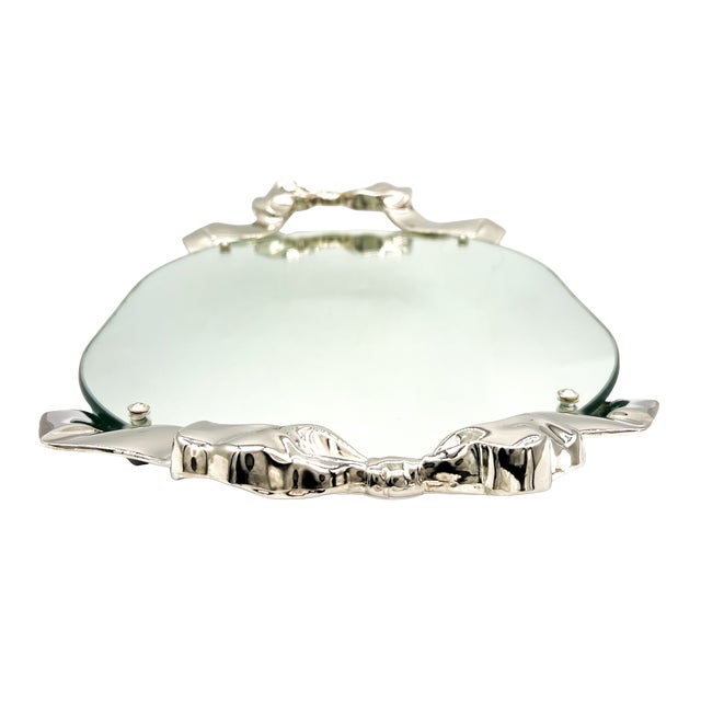 1988 Godinger Silver-Plated Bow & Ribbon Mirrored Vanity Tray – Hollywood Regency / Art Nouveau Revival For Sale - Image 12 of 18